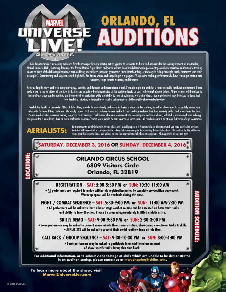Marvel Orlando casting notice