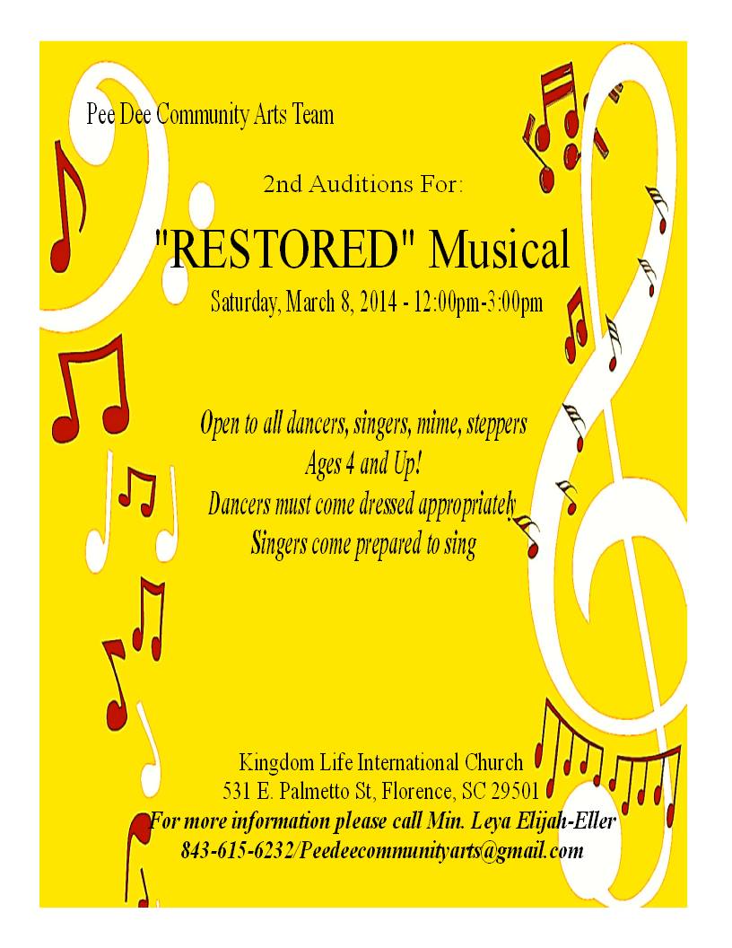 casting kids for "Restored" the musical in SC