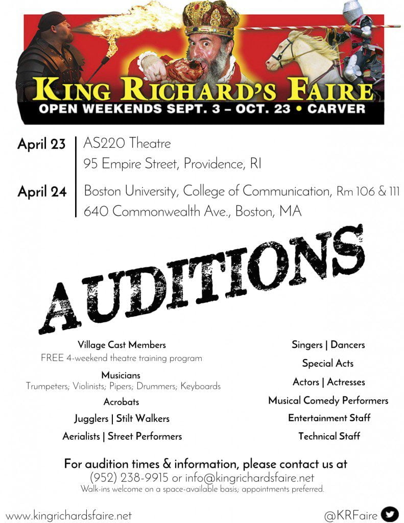 Auditions in Boston and Rhode Island for King Richard's Faire