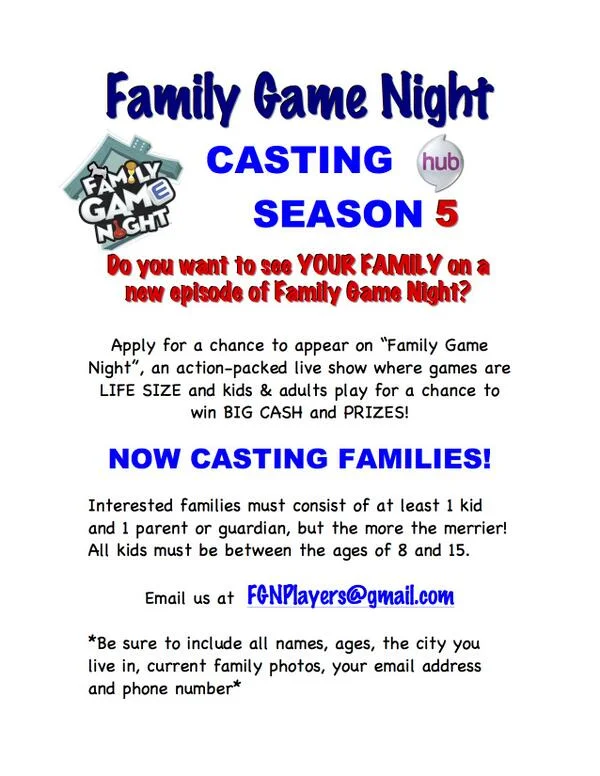 Casting call flyer for Family Game Night