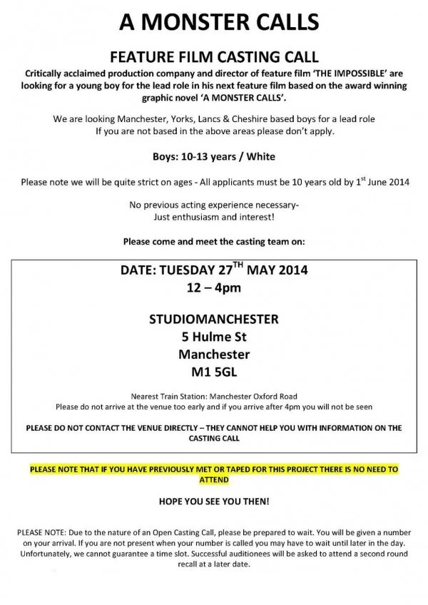 casting flyer for A Monster Calls