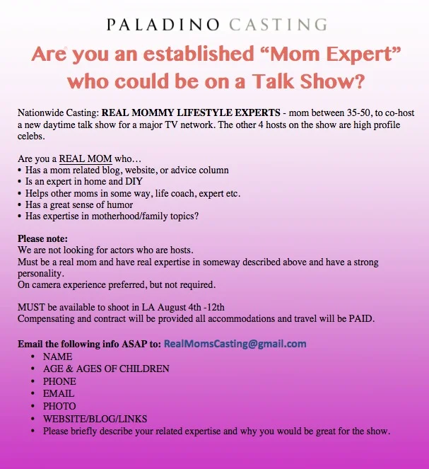 casting flyer for a mom talk show