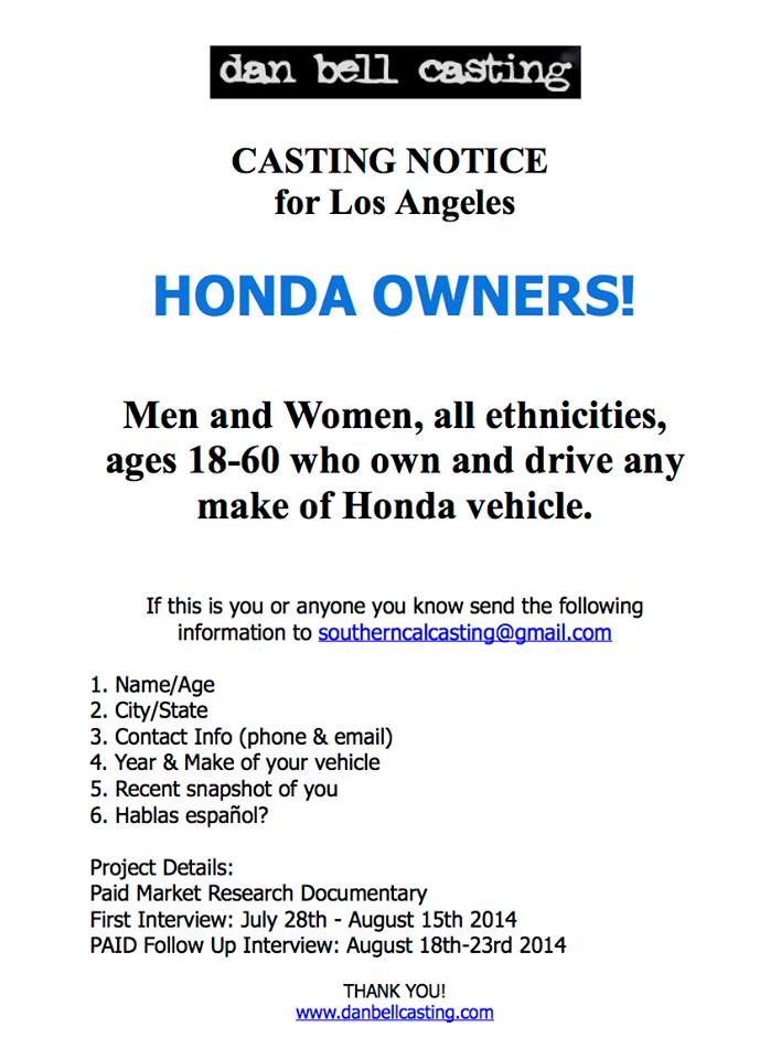 Honda TV commercial casting flyer
