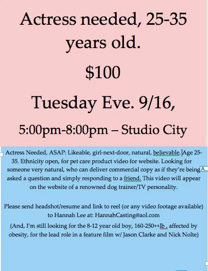 Rush call for female actors / actress in the Los Angeles area
