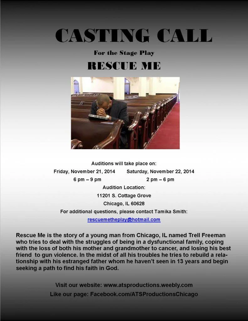 Casting call flyer for Rescue Me in Illinois