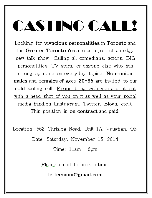 Toronto casting flyer