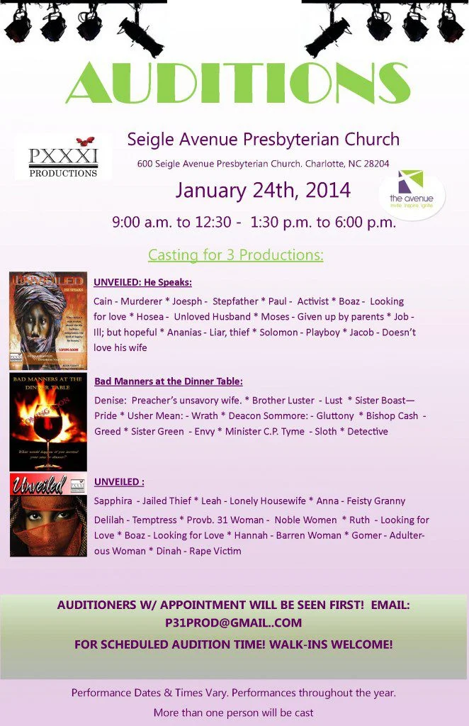 Audition flyer for Charlotte NC productions