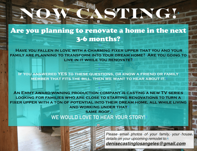 New Home Renovation Show Now Casting Nationwide