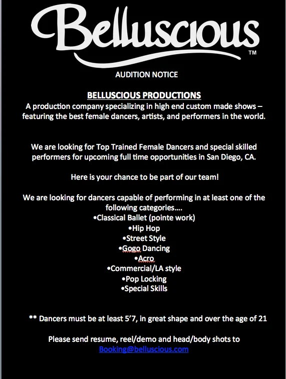 Casting call sheet - dancers wanted in San Diego