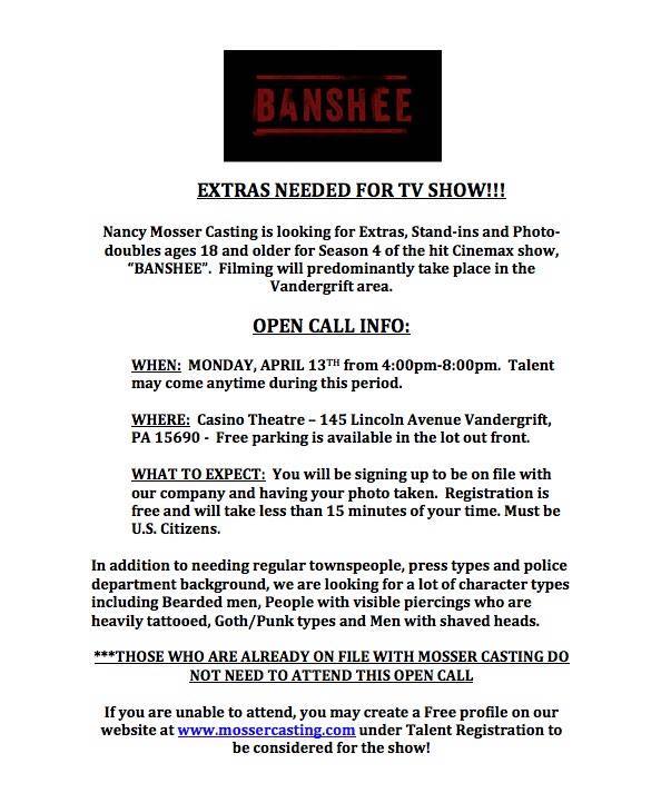 open casting call in PA for Banshee