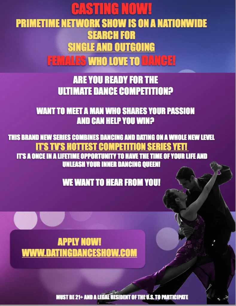 casting / audition flier for new dating dance show, nationwide
