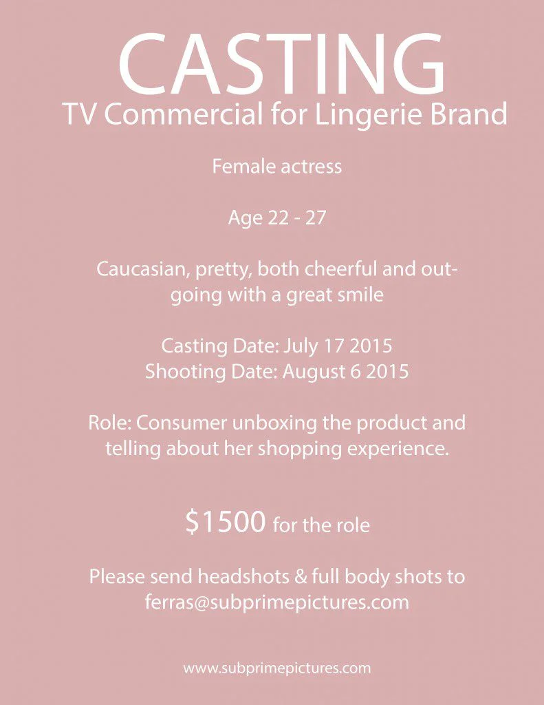 Audition flyer for TV commercial - NYC actress