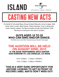 Universal Music Group / Island Records Open Auditions For Music Label – Male Singers in L.A ...