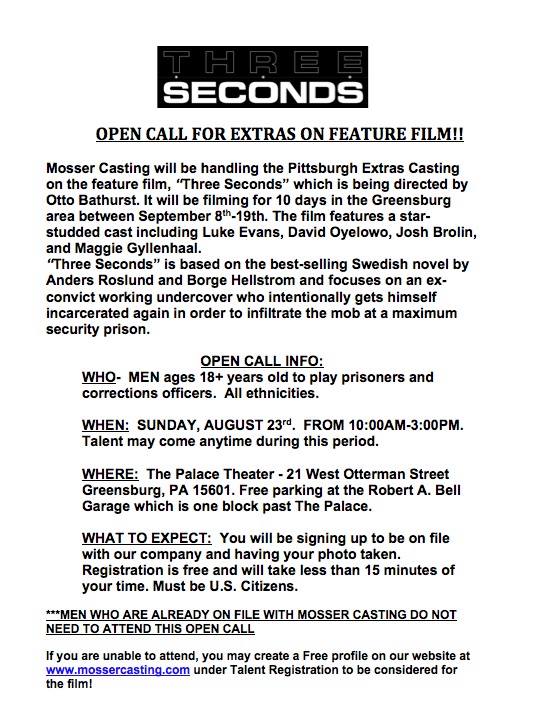 Pittsburgh open casting call notice for Three Seconds movie