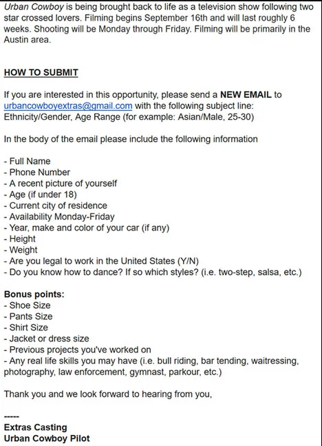 Urban cowboy casting notice