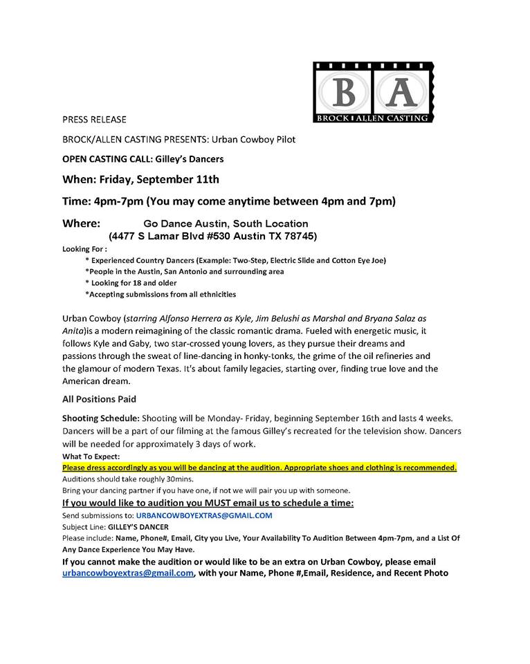 Urban Cowboy series casting notice in Texas