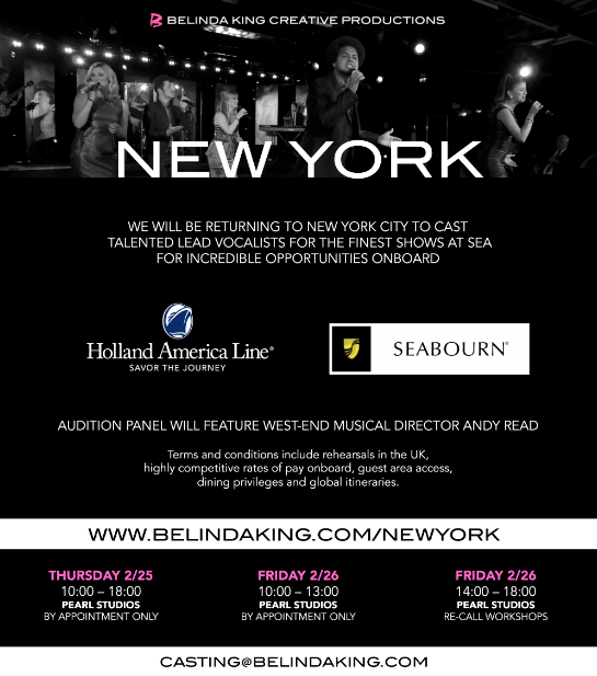 Singer auditions in NYC for luxury cruise line shows