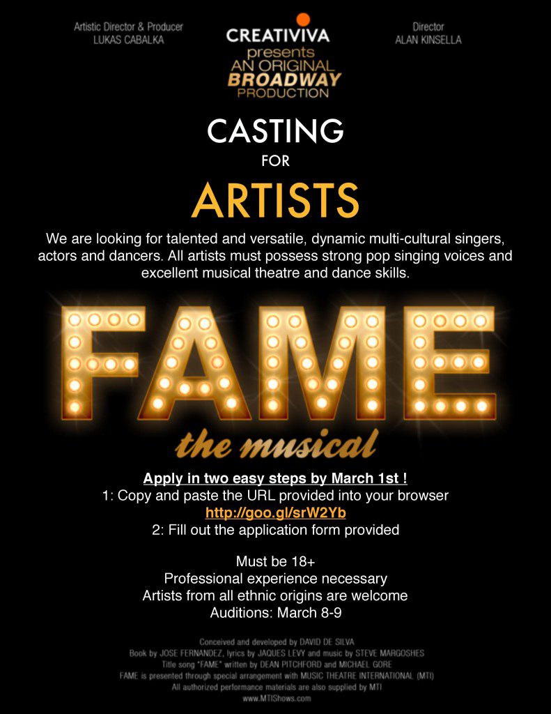 Toronto Casting notice for Fame Musical