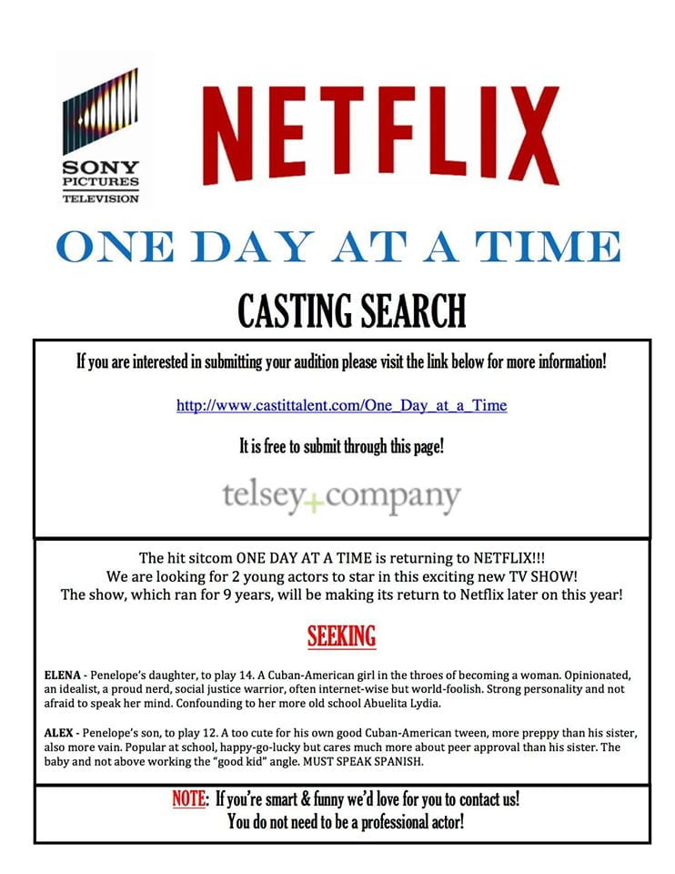 Netflix One Day at a Time Casting Flyer