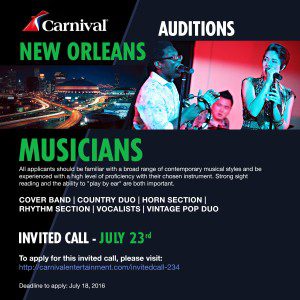 Auditions in New Orleans for Carnival Cruises Singers and Musicians