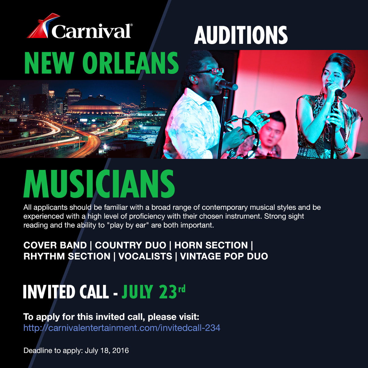 Read more about the article Auditions in New Orleans for Carnival Cruises Singers and Musicians