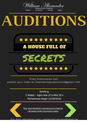 Actors in Charlotte, Auditions for Male Lead Roles in “A House Full of Secrets”