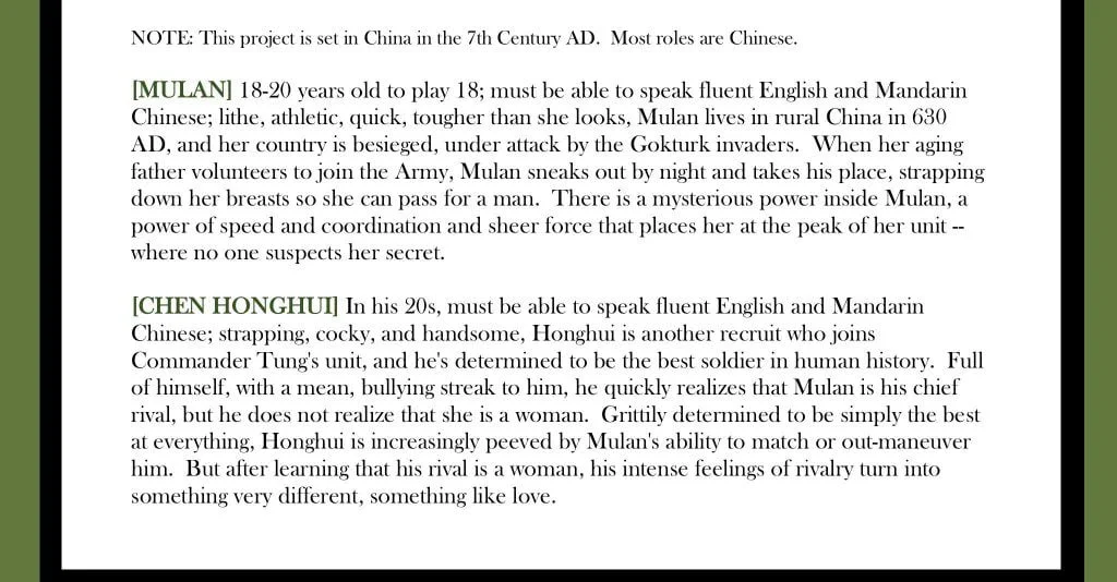 Disney Mulan casting notice