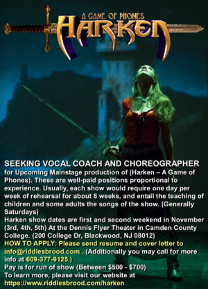Auditions in Philadelphia / South Jersey Area for Vocal Coach & Choreographer