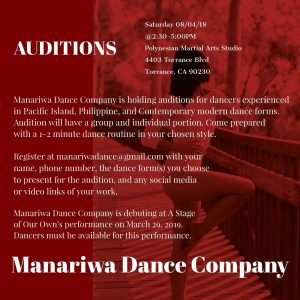 Dance Company Auditions in Los Angeles for Pacific Island, Philippine, and Contemporary Dancers