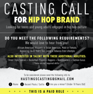 Hip Hop Culture Casting Call in Los Angeles for AD Campaign