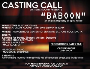 Open Auditions for Performers in Houston “Baboon”
