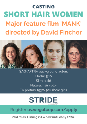Casting Short Haired Female Extras in Los Angeles – SAG-Aftra David Fincher Film “Mank”