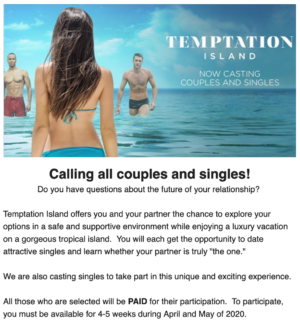 Temptation Island Holding Casting Call for Couples Nationwide