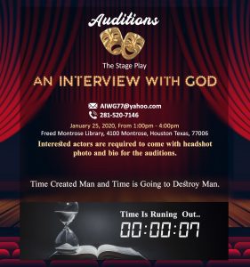 Read more about the article Theater Auditions in Houston for “An Interview with God”