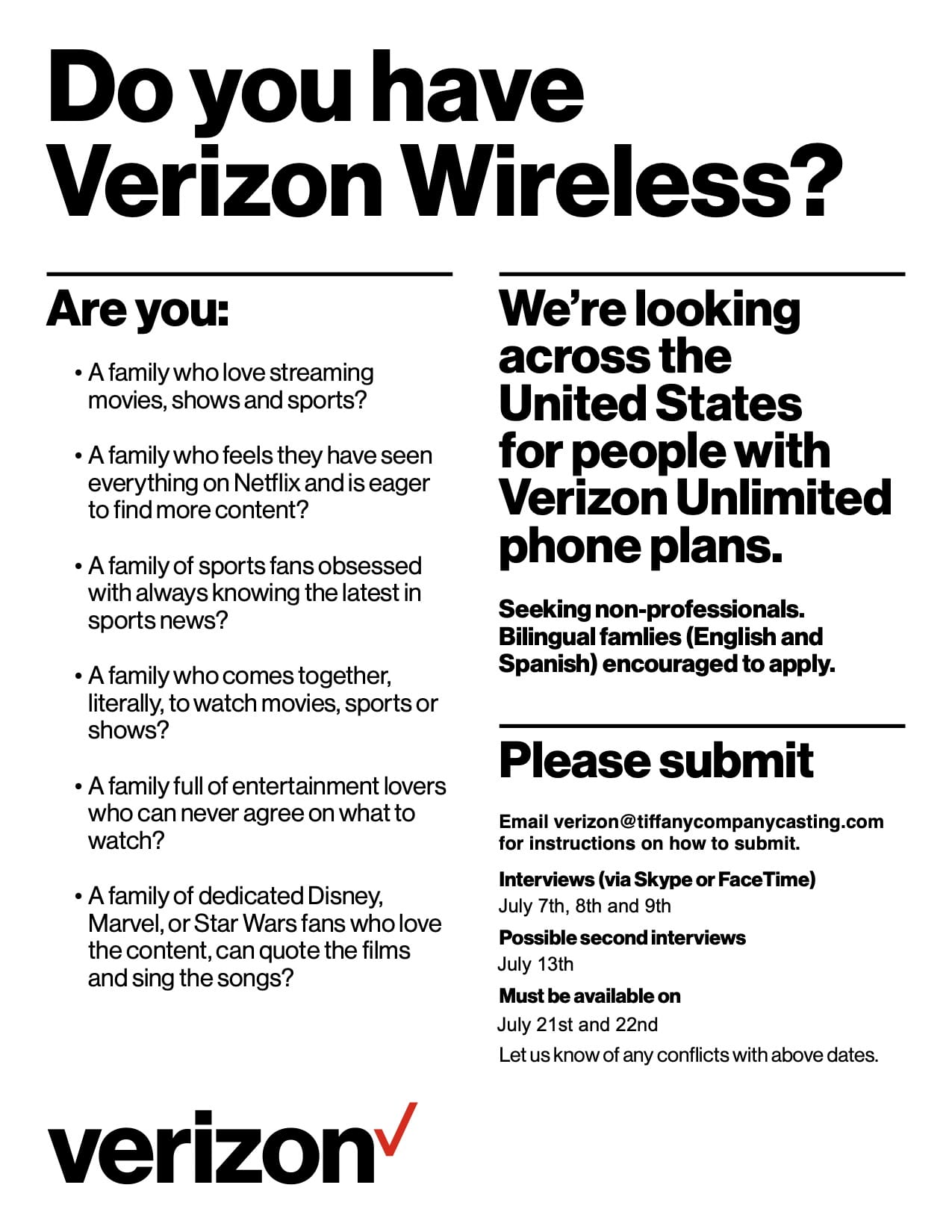 NYC Casting Call for Families That Have Verizon Wireless Auditions Free