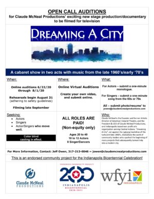 Auditions in Indianapolis Indiana, Actors & Singers for “Dreaming A City”