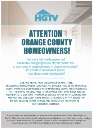 Casting Millenial Home Owners in Orange County, CA for HGTV Home Renovation Show