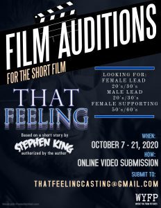 Read more about the article Auditions in SC/NC and Atlanta for “That Feeling”, a short film based on a Stephen King short story