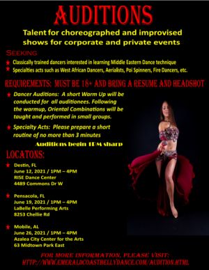 Dancer Auditions for Arabian Nights Performance Group in Florida Panhandle and Mobile Alabama