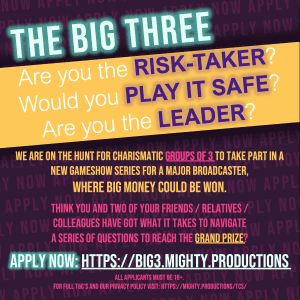 Read more about the article UK Casting Call for Gameshow Participants on “The Big Three”