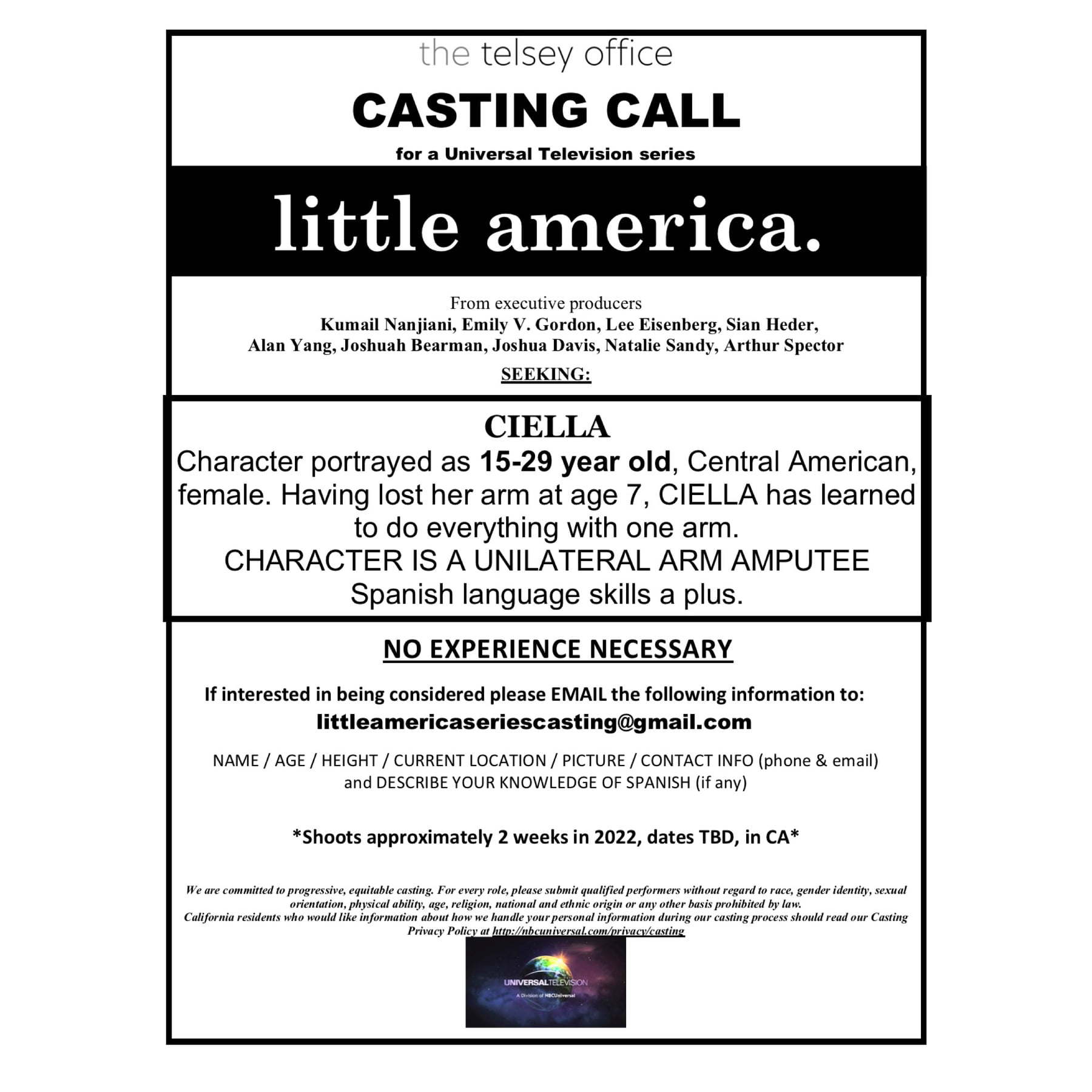 Video Auditions for A Female Amputee for Apple TV Series “Little America” –  Auditions Free