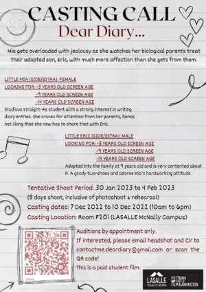 LASALLE College of the Arts Singapore, Auditions for Student Film “Dear Diary” in Singapore