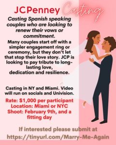 Read more about the article Casting Spanish Speaking Couples in Miami and New York for JC Penney Commercial