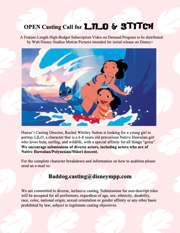 Disney auditions for kids - movie Lilo & Stitch live action to be filmed in hawaii.