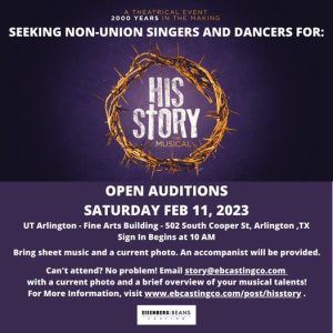 Read more about the article Open Auditions for All Roles in Musical “His Story” in Arlington, Texas and Online