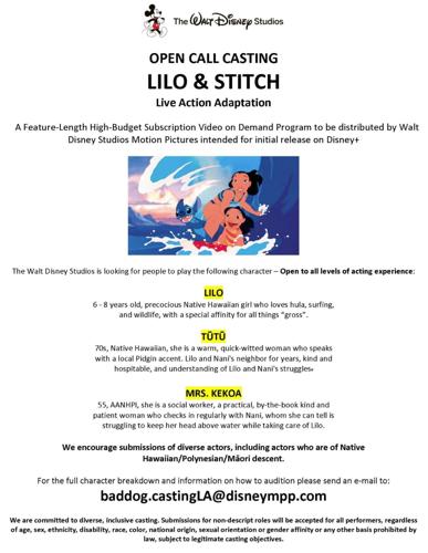 Open casting call for Disney in Lilo & Stitch movie