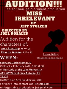 Read more about the article Auditions in San Antonio, Texas for Stage Play “Miss Irrelevant”