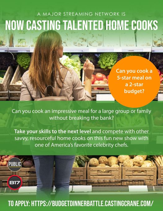 Budget Dinner Battle casting notice for home cooks - info graphic with casting information.