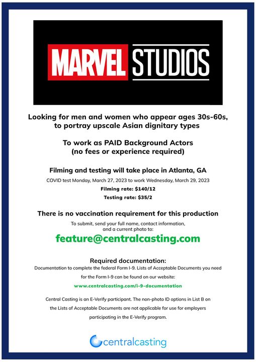 Marvel movie extras casting notice info graphic.