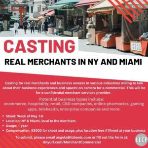 Casting Business Owners in New York or Miami for Merchant Services TV Commercial